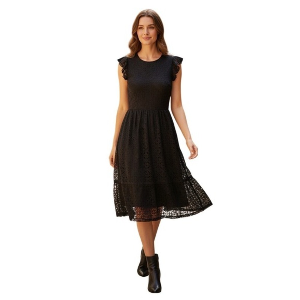 Monteau Black NWOT Coquette Lace‎ Ruffle Sleeve Fit Flare Dress Elegant Feminine